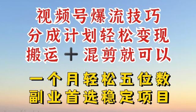 视频号爆流技巧，分成计划轻松变现，搬运 +混剪就可以，一个月轻松五位数稳定项目【揭秘】-网创项目