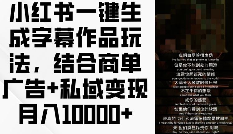 小红书一键生成字幕作品玩法，结合商单广告+私域变现月入1w+【揭秘】-网创项目