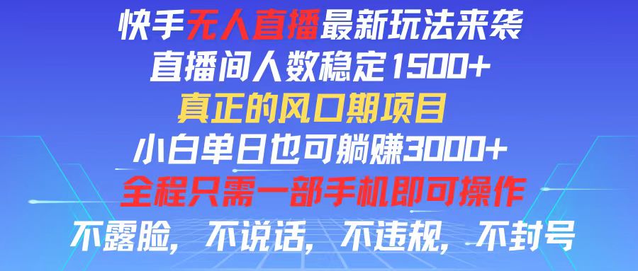 （11792期）快手无人直播全新玩法，直播间人数稳定1500+，小白单日也可躺赚3000+，…-网创项目