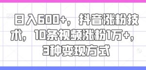 日入600+，抖音涨粉技术，10条视频涨粉1万+，3种变现方式【揭秘】-网创项目