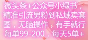 微头条+公众号小绿书，精准引流男粉到私域卖套图，无脑操作，有手就行，每单99-200，每天5单-网创项目