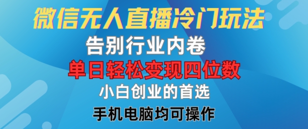 微信无人直播冷门玩法，告别行业内卷，单日轻松变现四位数，小白的创业首选-网创项目