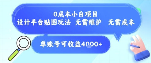 0成本小白项目，设计平台贴图玩法，无需维护，无需成本，单账号单月可产生收益4k+-网创项目