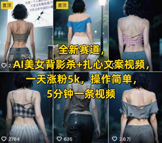 全新赛道，AI美女背影杀+扎心文案视频，一天涨粉5k，操作简单，5分钟一条视频-网创项目