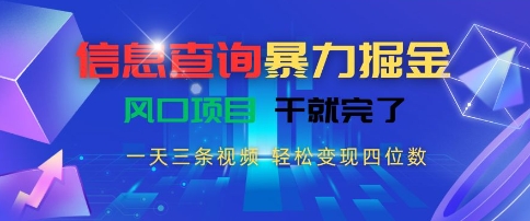 信息查询暴力掘金，一天三条视频，轻松变现四位数，风口项目干就完了【揭秘】-网创项目
