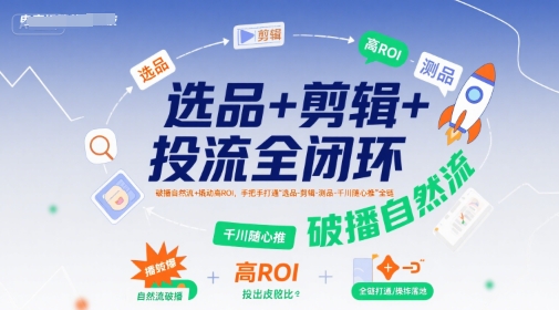 选品+剪辑+投流全闭环，破播自然流+撬动高ROI，手把手打通“选品-剪辑-测品-千川随心推”全链-网创项目