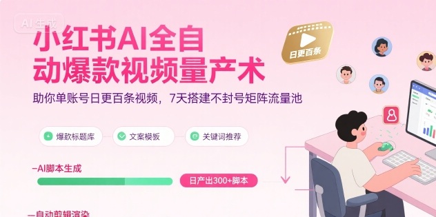 小红书AI全自动爆款视频量产术，助你单账号日更百条视频，7天搭建不封号矩阵流量池-网创项目