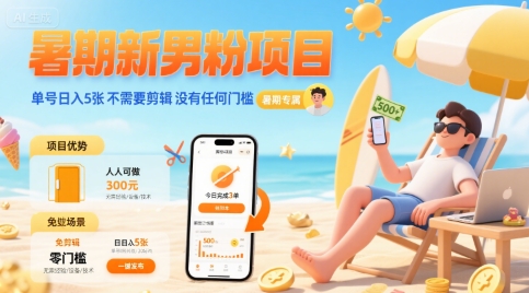 暑期新男粉项目 单号日入5张 不需要剪辑 没有任何门槛-网创项目