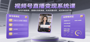 视频号直播变现系统课，账号开通装修、直播全流程准备、私域流量运营、成交转化技巧等-网创项目