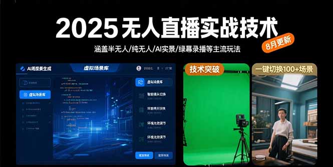 2025无人直播实战技术-8月，涵盖半无人/纯无人/AI实景/绿幕录播等主流玩法-网创项目