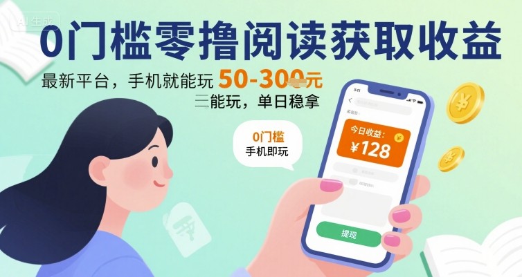 0门槛零撸阅读获取收益：最新平台，手机就能玩，单日稳拿 50-3张 【揭秘】-网创项目