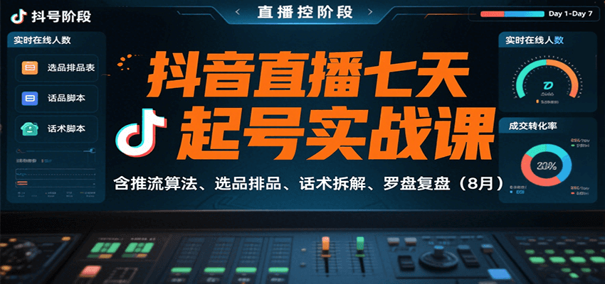 抖音直播七天起号实战课：含推流算法、选品排品、话术拆解、罗盘复盘(8月)-网创项目