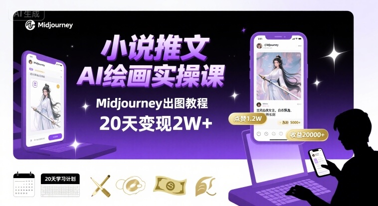 小说推文干货分享之AI绘画MJ出图实操课，用Midjourney做小说推文，20天挣2w-网创项目