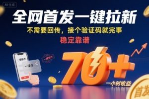 全网首发一键拉新项目，不需要回传，接个验证码就完事，稳定靠谱，一小时收益70+【揭秘】-网创项目