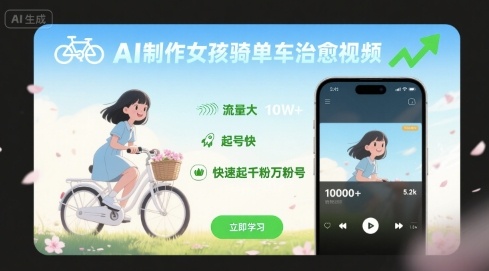 AI制作女孩骑单车治愈视频，流量大，起号快，快速起千粉万粉号-网创项目