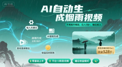 不用拍不用剪！AI自动生成烟雨视频，日入5张+，睡后收入-网创项目