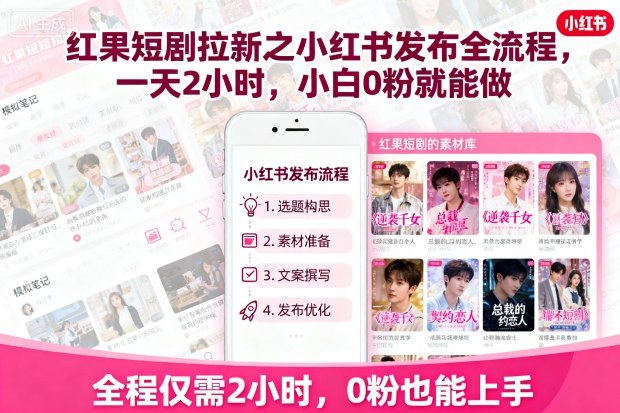 红果短剧拉新之小红书发布全流程，一天2小时，小白0粉就能做-网创项目