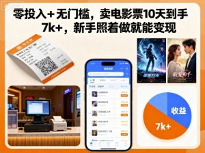 零投入+无门槛,卖电影票10天到手7k+,新手照着做就能变现【揭秘】-网创项目
