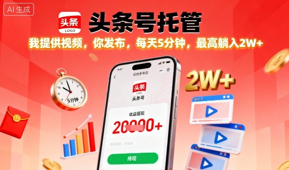 【头条号托管】我提供视频，你发布，每天5分钟，最高躺入2W+【揭秘】-网创项目