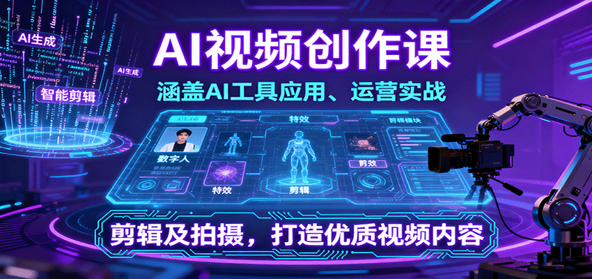 AI视频创作课，涵盖AI工具应用、运营实战、剪辑及拍摄，打造优质视频内容-网创项目