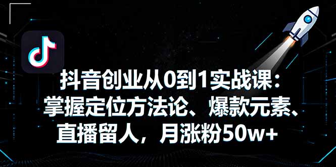 抖音创业从0到1实战课：掌握定位方法论、爆款元素、直播留人，月涨粉50w+-网创项目