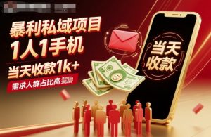 暴利私域项目1人1手机，当天收款1k+，需求人群占比高，当天就能见到钱-网创项目