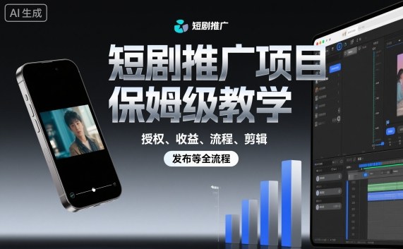 短剧推广项目保姆级教学，授权、收益、流程、剪辑，发布等全流程-网创项目