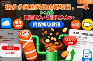 拼多多闲鱼网盘拉新项目，一单5-15米，睡后收入+管道收入1w+(附保姆级教程)-网创项目