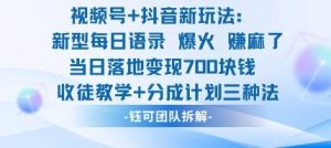 视频号加抖音新玩法：爆火新型每日语录，收徒教学加分成计划，三种变现玩法，当日变现7张-网创项目