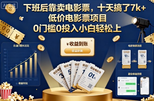 下班后靠卖电影票，十天搞了7k+，低价电影票项目，0门槛0投入小白轻松上手【揭秘】-网创项目