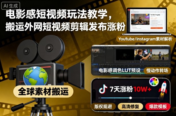 电影感短视频玩法教学，搬运外网短视频剪辑发布涨粉-网创项目