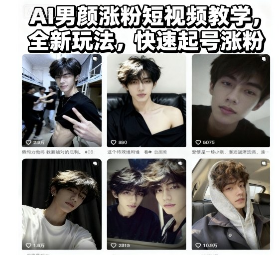 AI男颜涨粉短视频教学，全新玩法，快速起号涨粉-网创项目