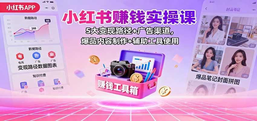 小红书赚钱实操课：5大变现路径+广告渠道，爆品内容制作+辅助工具使用-网创项目