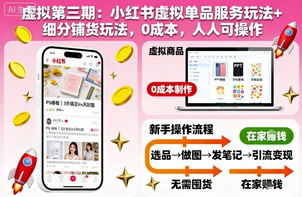 虚拟第三期：小红书虚拟单品服务玩法+细分铺货玩法，0成本，人人可操作(更新)-网创项目