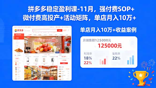 拼多多稳定盈利课-11月，强付费SOP+微付费高投产+活动矩阵，单店月入10万+-网创项目