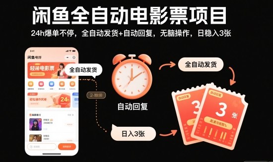 闲鱼全自动电影票项目，24h爆单不停，全自动发货+自动回复，无脑操作，日稳入3张【揭秘】-网创项目