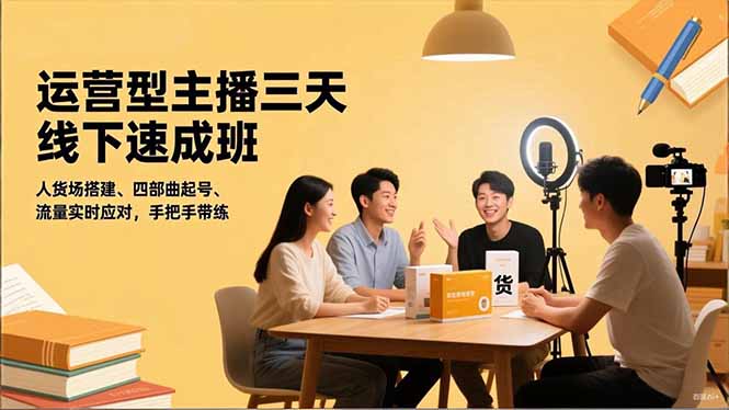 运营型主播三天线下班，人货场搭建,四部曲起号,流量实时应对，手把手带练-网创项目