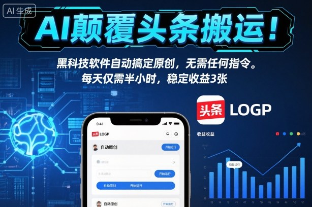 AI颠覆头条搬运！黑科技软件自动搞定原创，无需任何指令。每天仅需半小时，稳定收益3张【揭秘】-网创项目