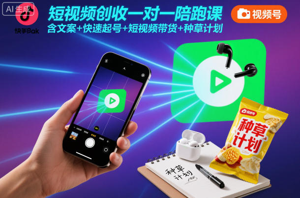 短视频创收一对一陪跑课，含文案+快速起号+短视频带货+种草计划-网创项目