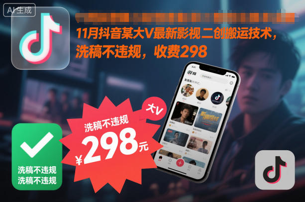11月抖音某大V最新影视二创搬运技术，洗稿不违规，收费298-网创项目