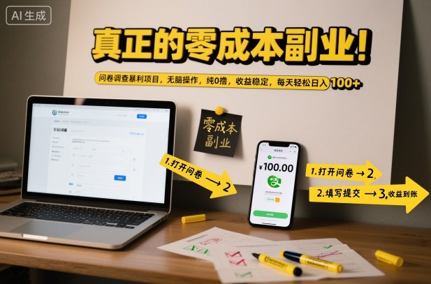 真正的零成本副业！问卷调查暴利项目，无脑操作，纯0撸，收益稳定，每天轻松日入100+【揭秘】-网创项目