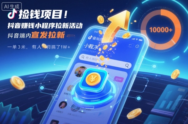 捡钱项目！抖音賺钱小程序拉新活动，抖音端内宣发拉新，一单3米，有人半个月搞了1W+-网创项目