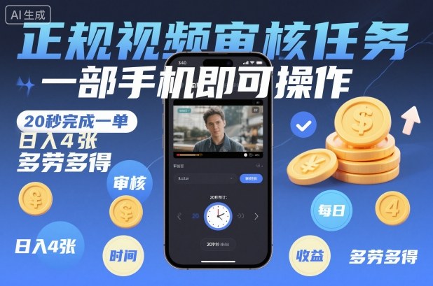 正规视频审核任务，一部手机即可操作，20秒完成一单，日入4张，多劳多得【揭秘】-网创项目