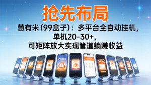 抢先布局慧有米(99盒子):多平台全自动挂机,单机20-30+,可矩阵实现管道躺赚-网创项目