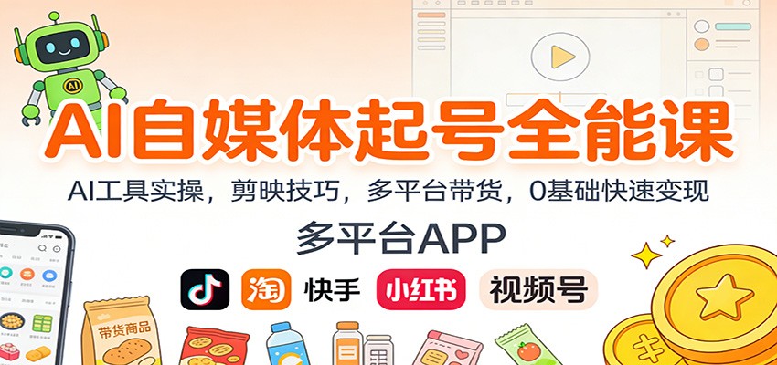 AI自媒体起号全能课：AI工具实操，剪映技巧，多平台带货，0基础快速变现-网创项目