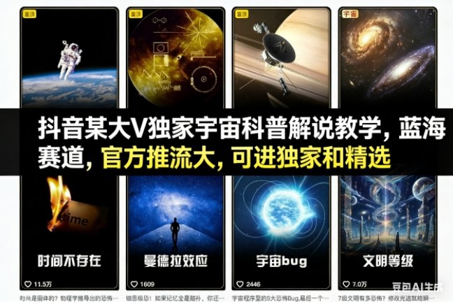抖音某大V独家宇宙科普解说教学，蓝海赛道，官方推流大，可进独家和精选-网创项目