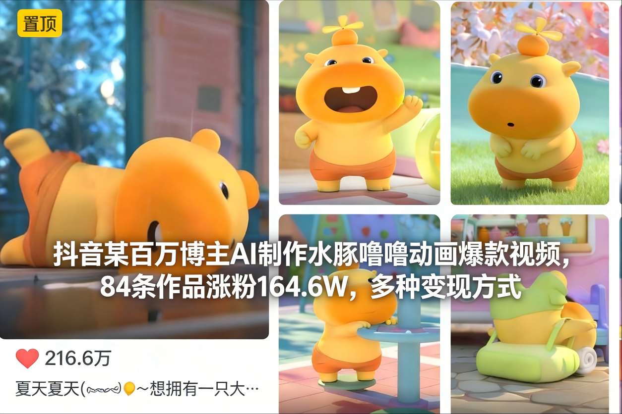 抖音某百万博主AI制作水豚噜噜动画爆款视频，84条作品涨粉164.6W，多种变现方式-网创项目