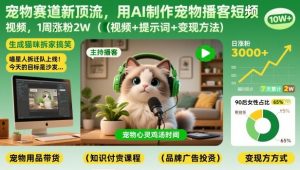 宠物赛道新顶流,用AI制作宠物播客短视频,1周涨粉2W(视频+提示词+变现方法)-网创项目