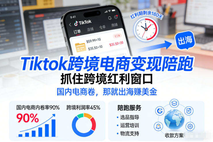 Tiktok跨境电商变现陪跑，抓住跨境红利窗口，国内电商卷，那就出海賺美金-网创项目