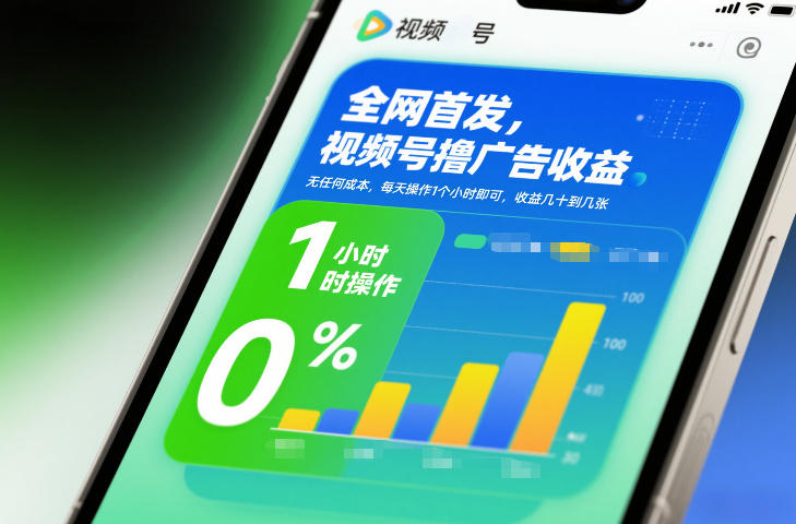 全网首发，视频号撸广告收益，无任何成本，每天操作1个小时即可，收益几十到几张-网创项目